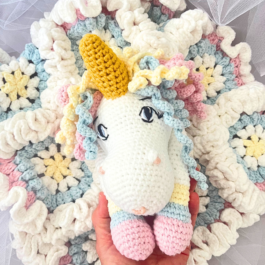 Crochet Unicorn Snuggler, Handmade Unicorn Lovey Blanket