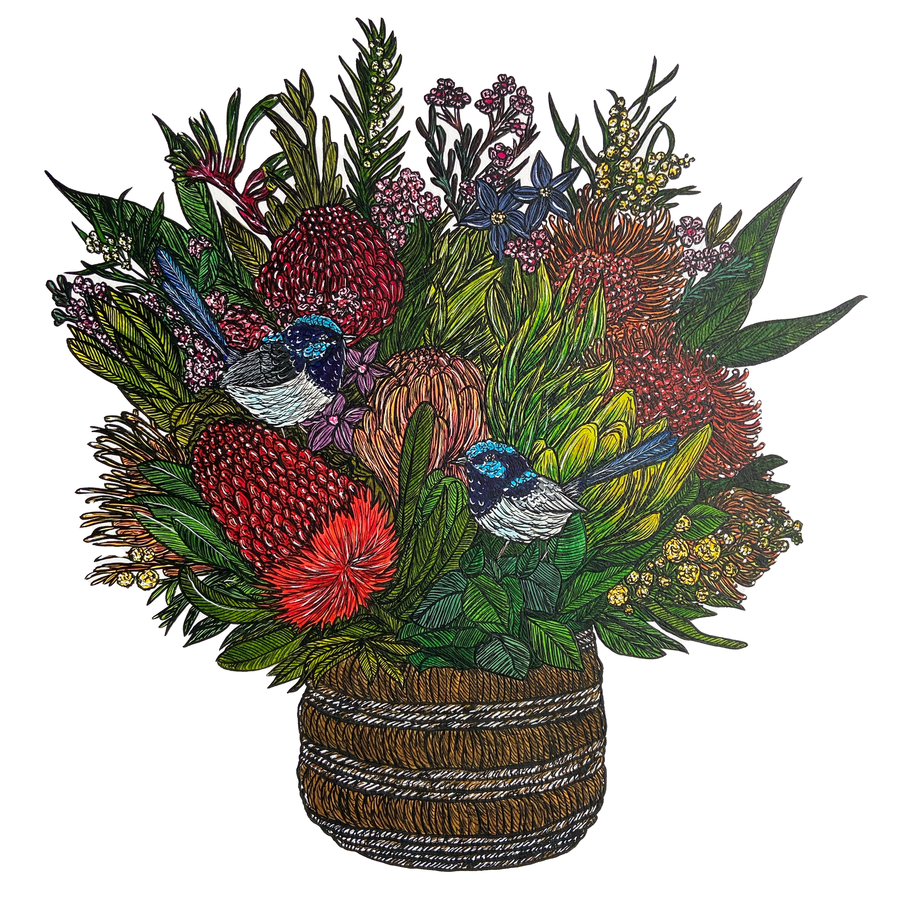 Wildflowers and Fairy Wrens Basket Fine Art Print