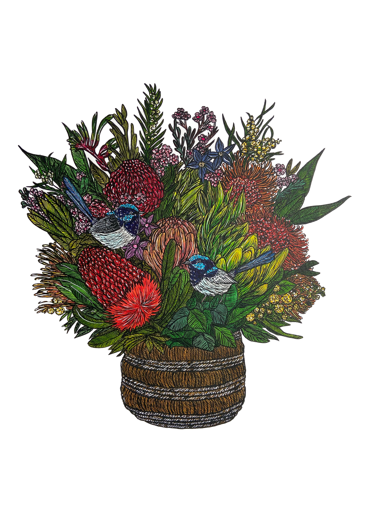 Wildflowers and Fairy Wrens Basket Fine Art Print