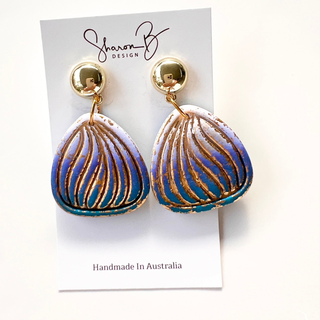 Earrings~Dangles~Blue~Gold Leaf~Polymer Clay ~Lightweight