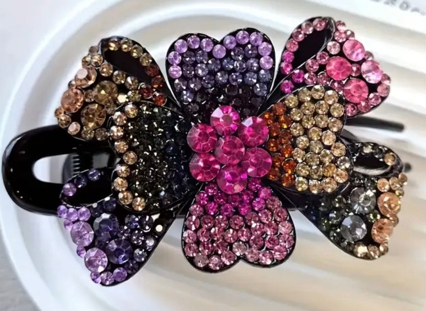 Handmade - Rhinestone Bow & Flower Hair Clip