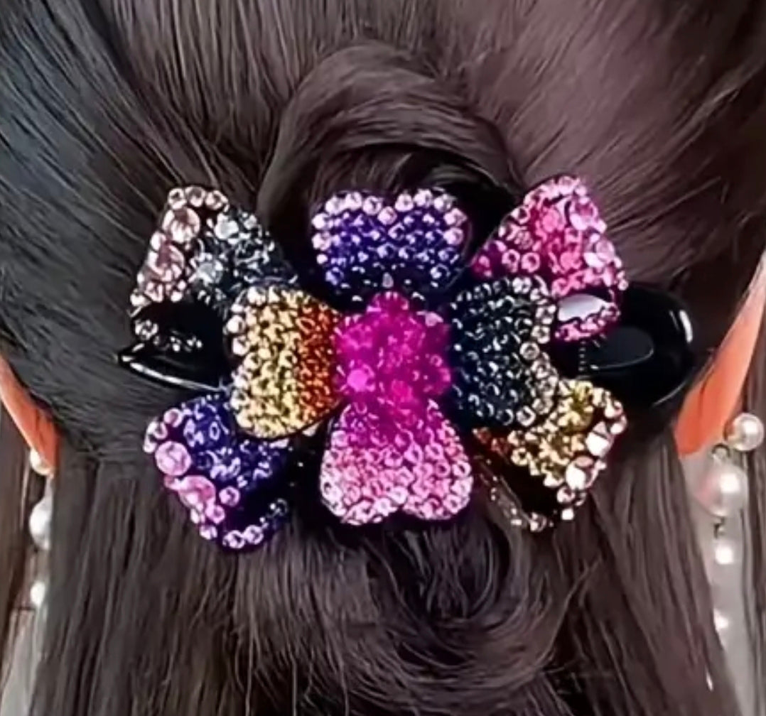 Handmade - Rhinestone Bow & Flower Hair Clip