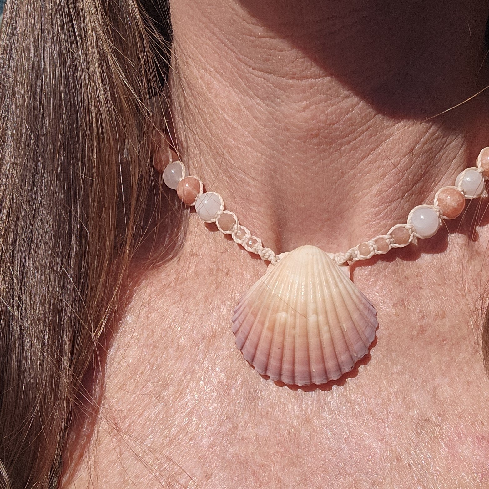 Scallop Shell Necklace with Peach Calcite, Rose Quartz, Sunstone