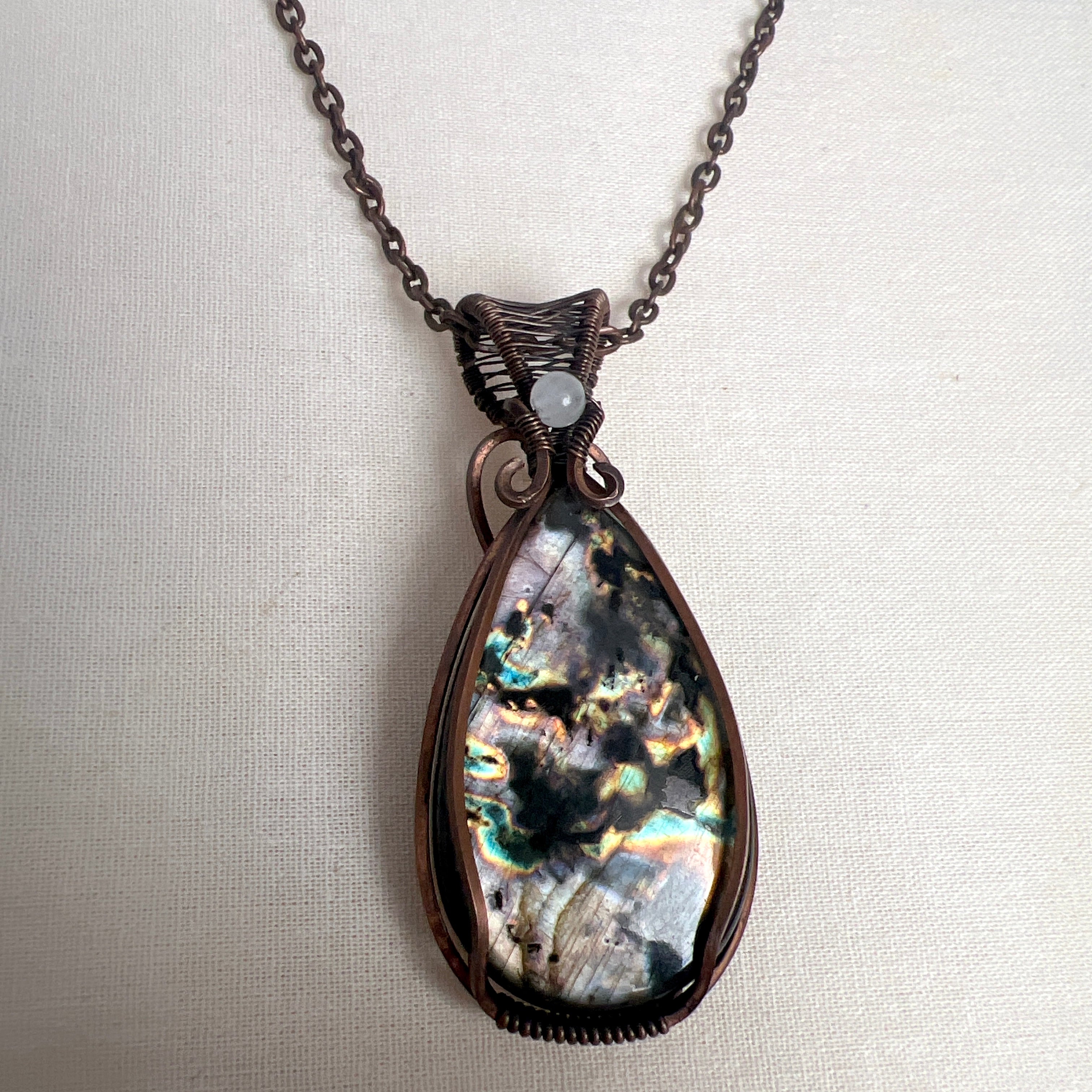 Aurora Nightfall - Multi Labrador Copper Wrapped Pendant