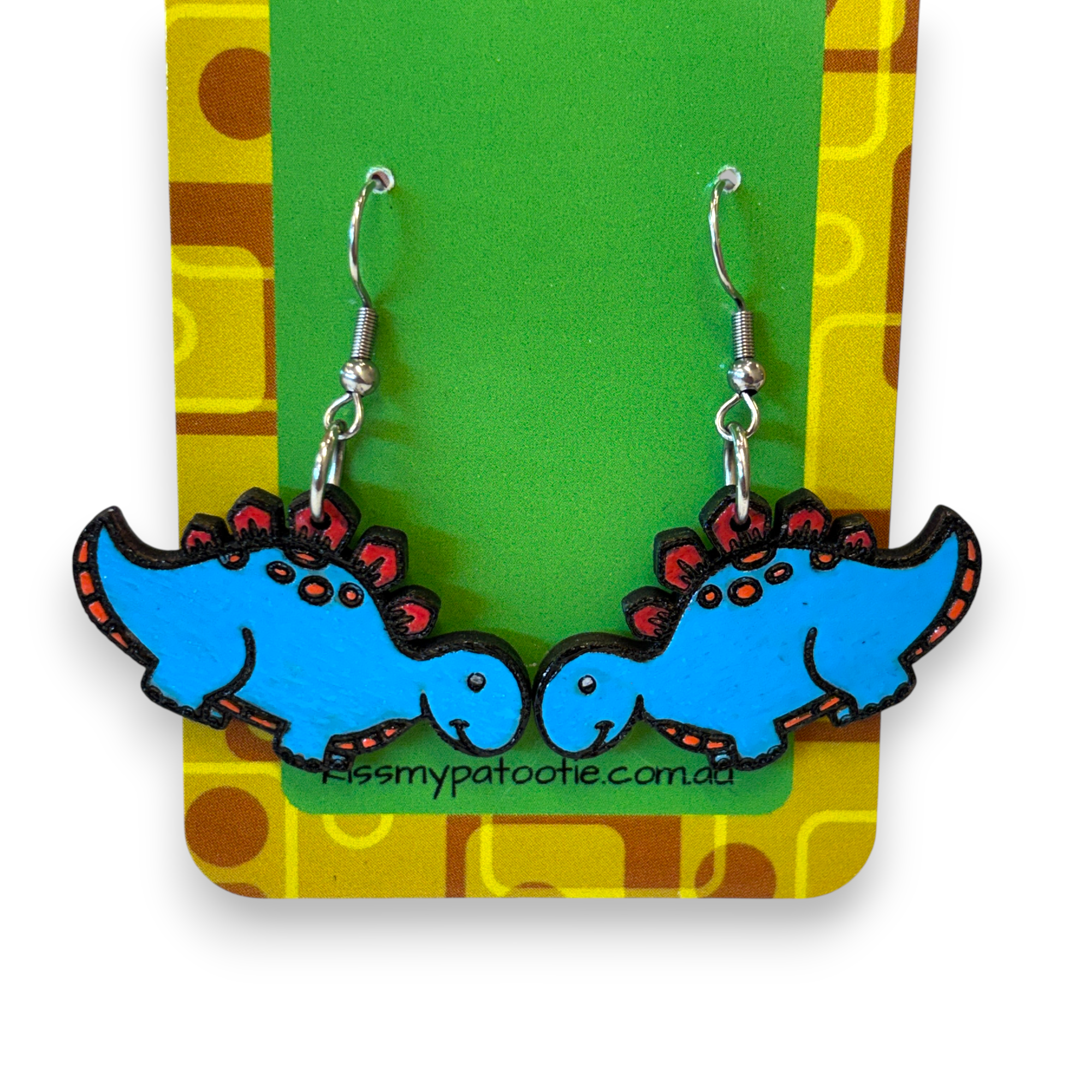 Wooden dinosaur earrings - hand painted - blue