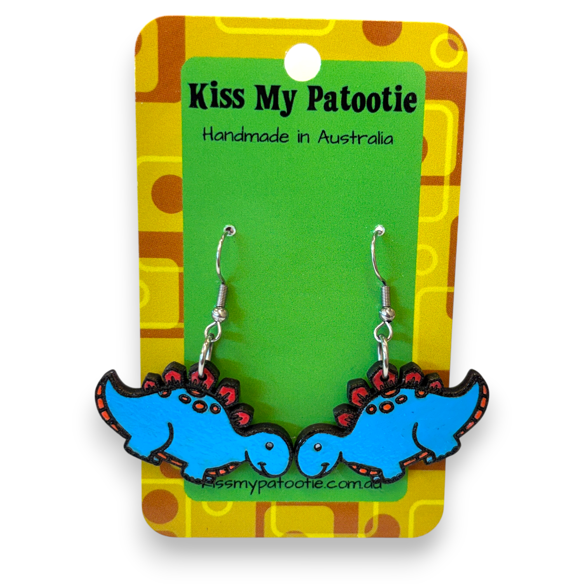 Wooden dinosaur earrings - hand painted - blue