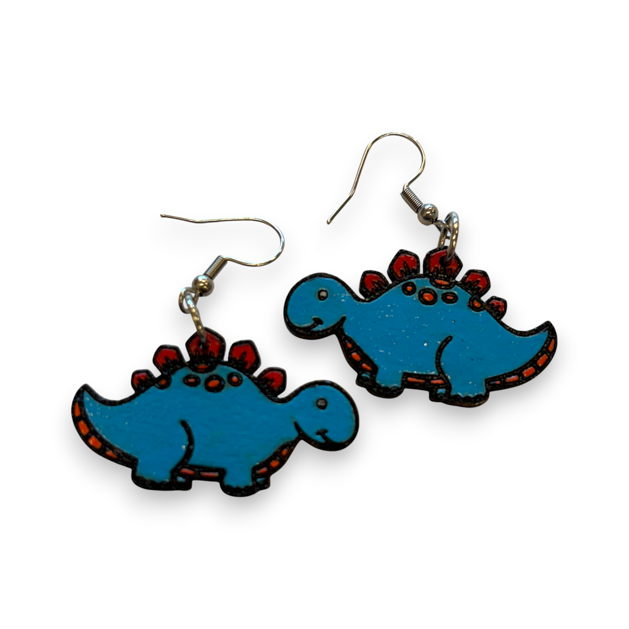 Wooden dinosaur earrings - hand painted - blue