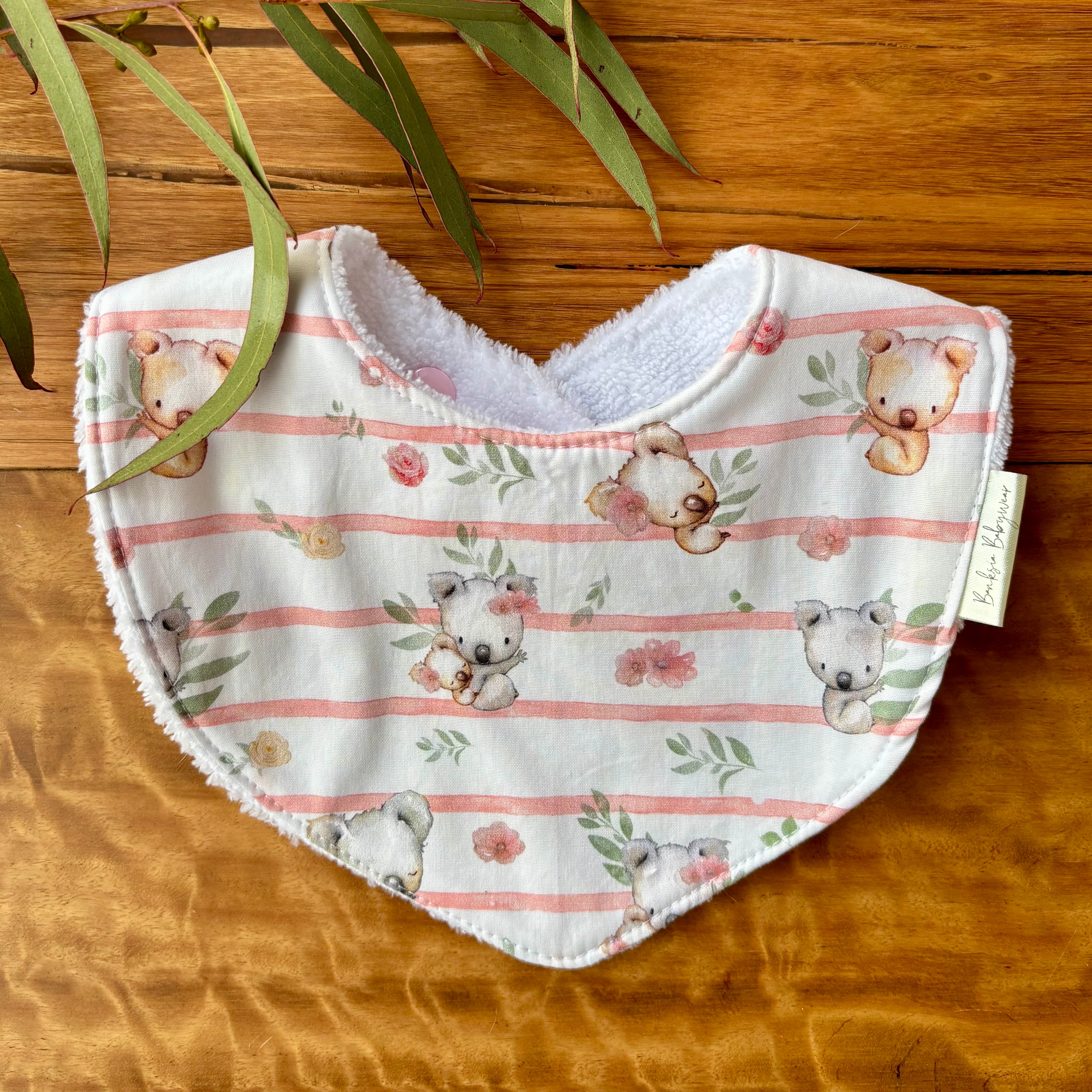 Baby Bib and Burp Cloth Set | Pink Koala Stripe | Made to Order