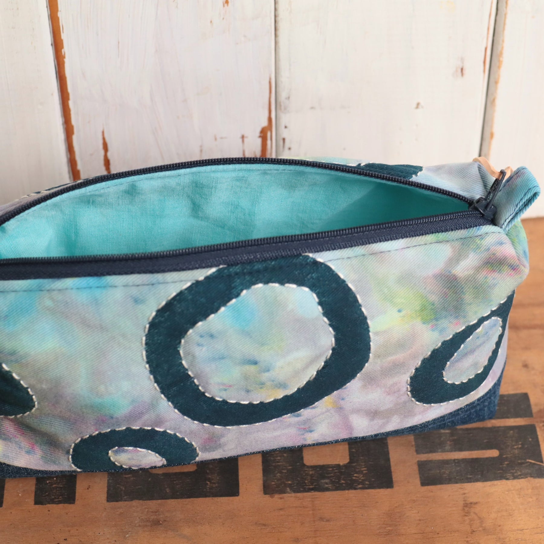 Ice Dyed and Block Printed Boxy Zipper Pouch, Pencil Case, Makeup Bag