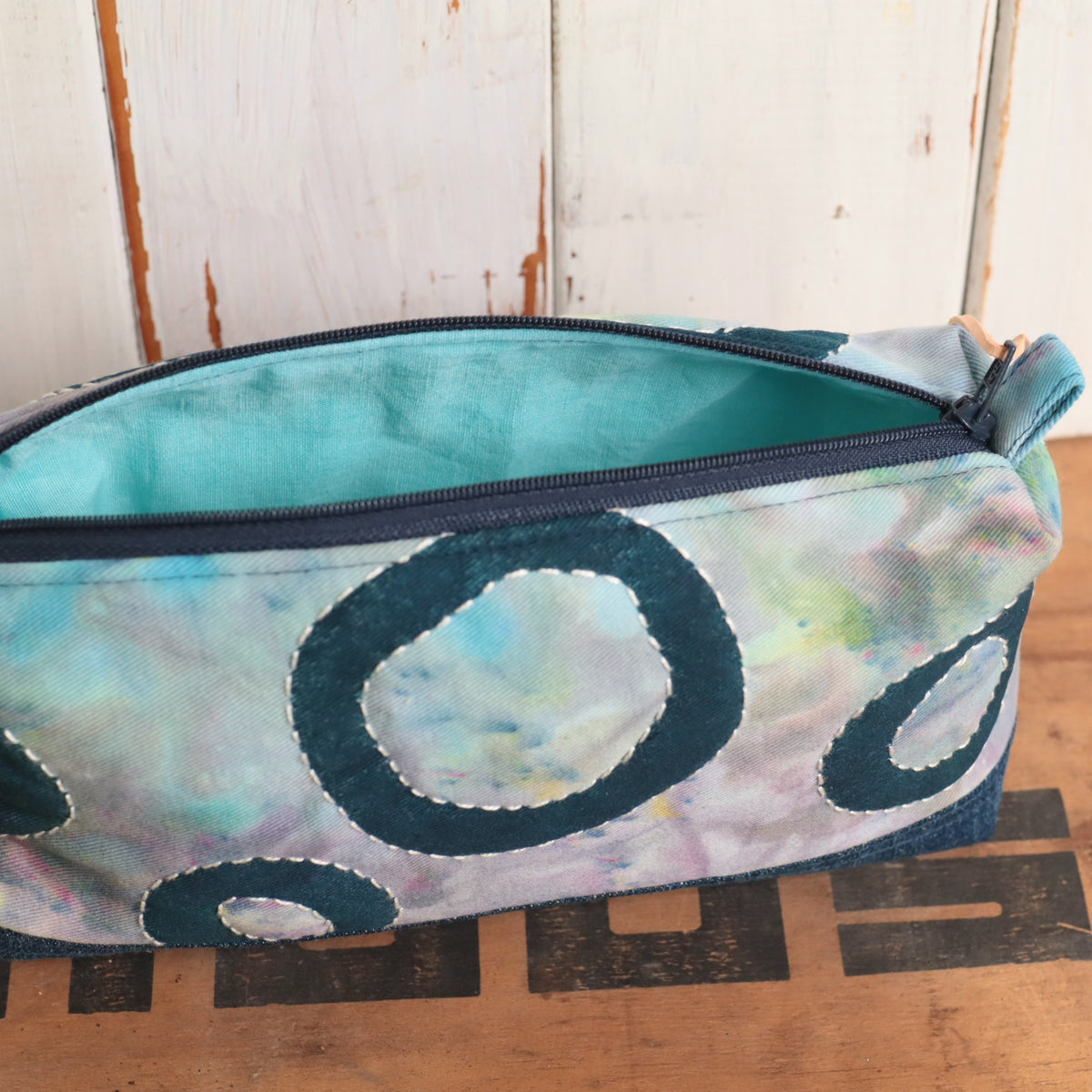 Ice Dyed and Block Printed Boxy Zipper Pouch, Pencil Case, Makeup Bag