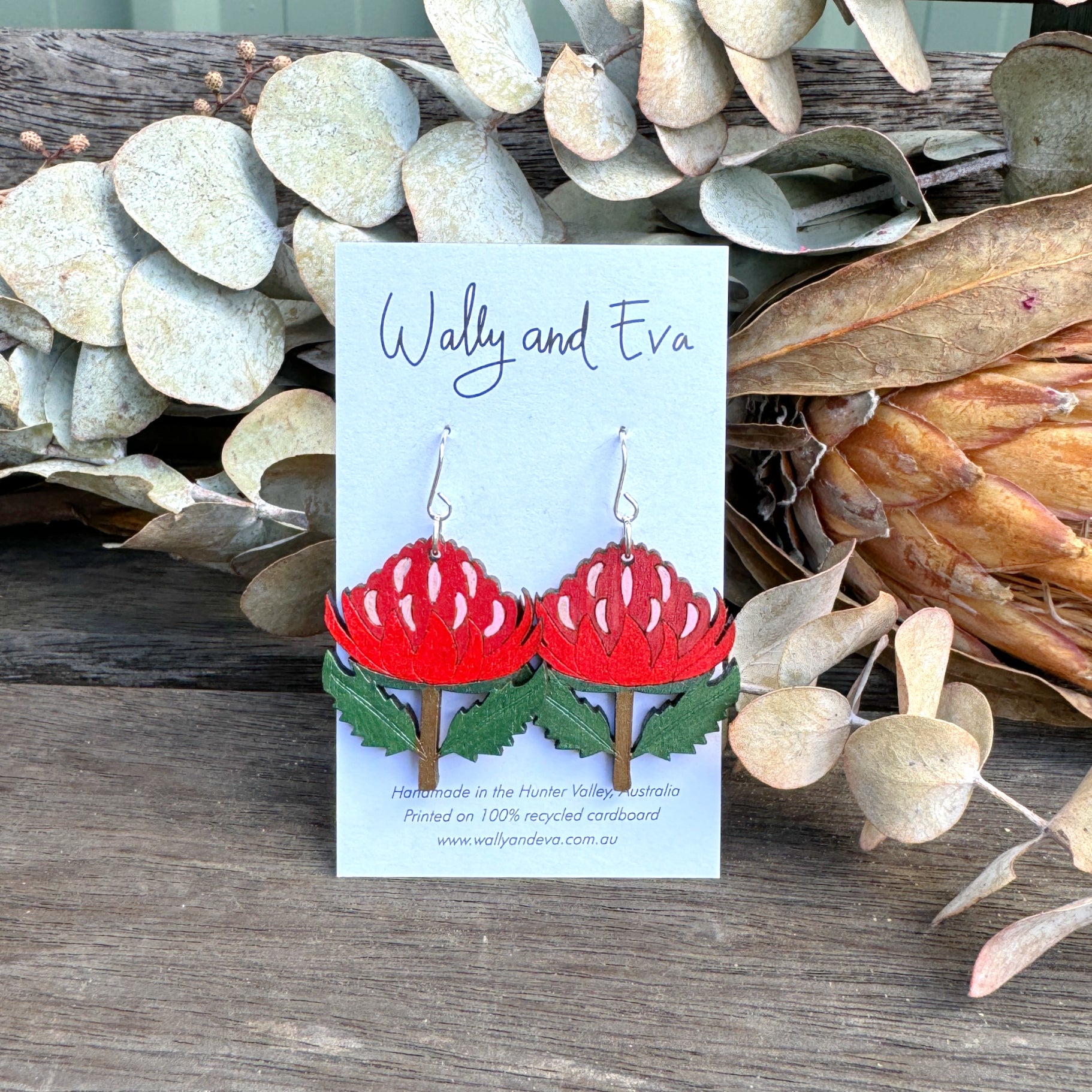 Waratah Flower Hand Painted Wood Earrings