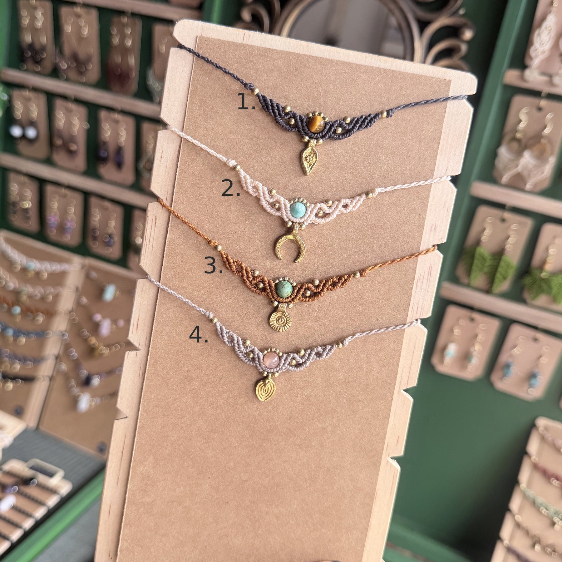 Macrame Collier with gemstone bead and brass charm - several choices
