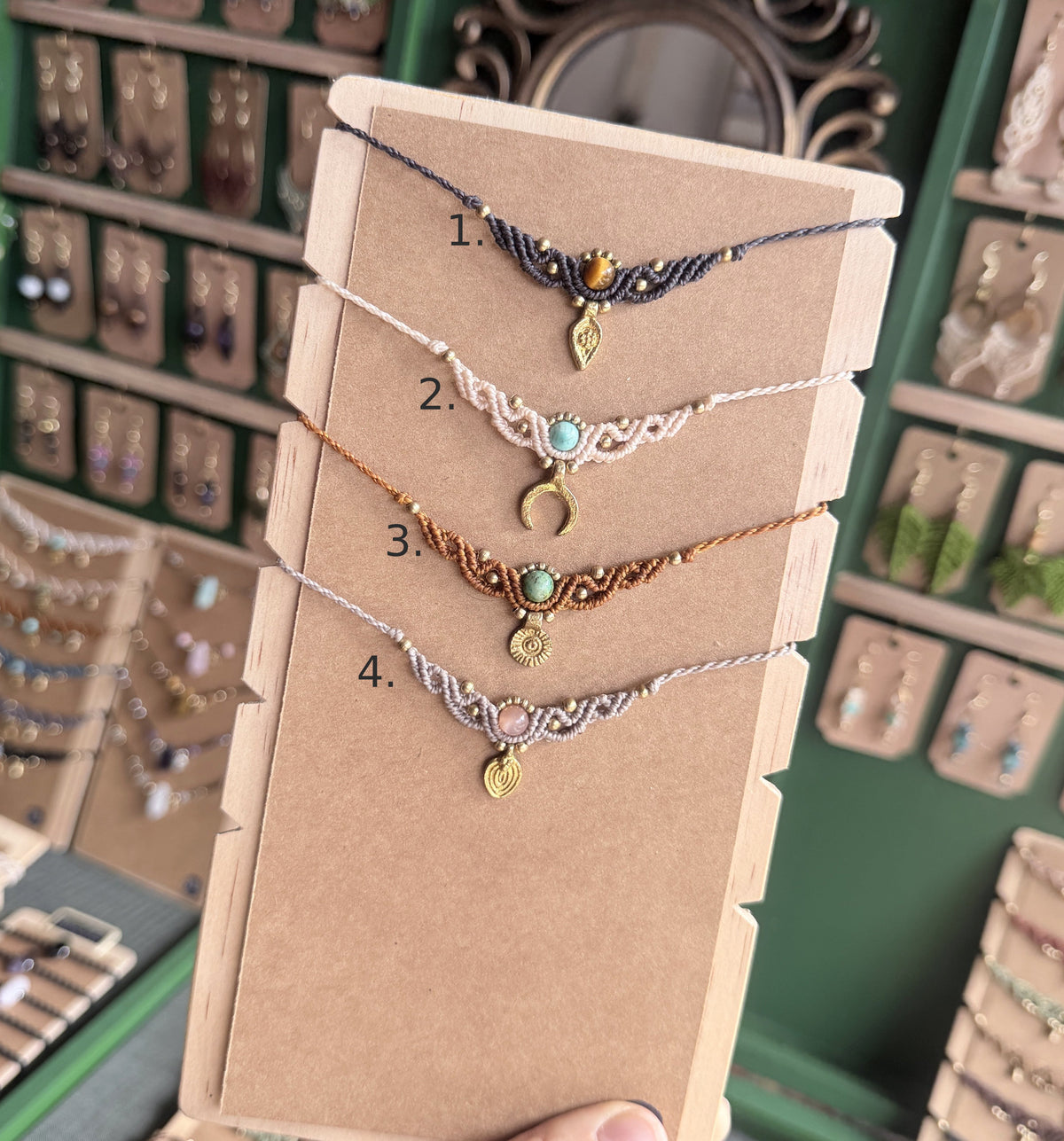 Macrame Collier with gemstone bead and brass charm - several choices