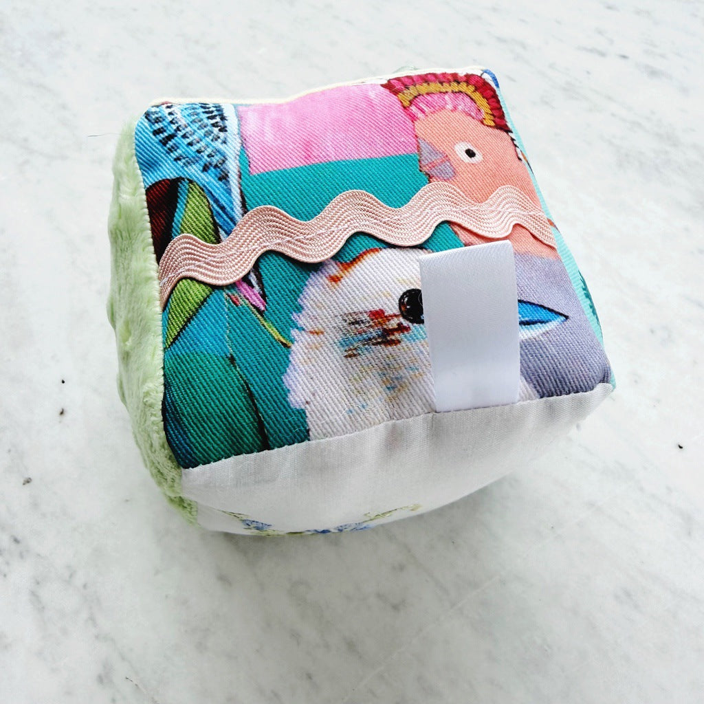 Sensory baby cube. Soft fabric toddler block. Baby shower and newborn gift.