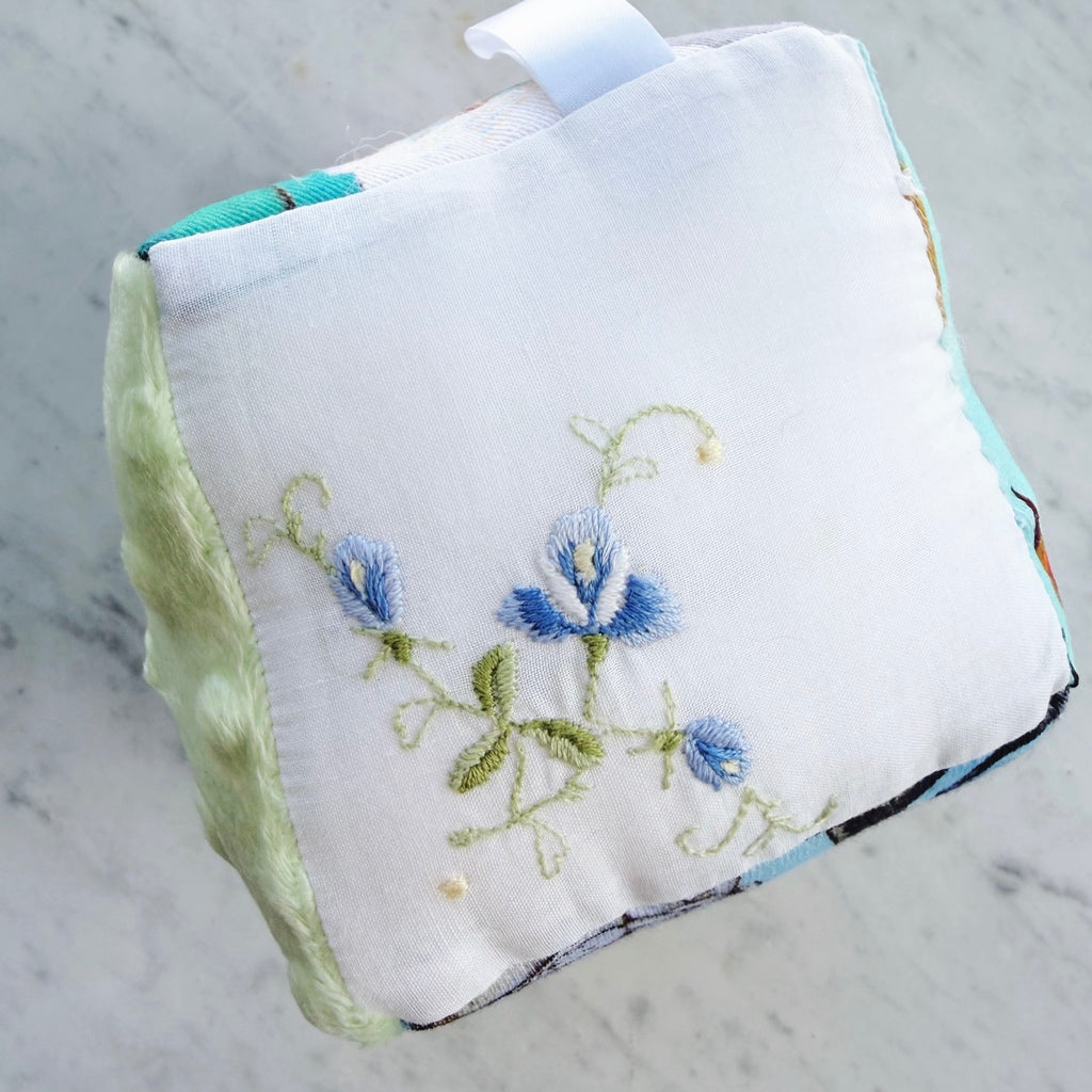 Sensory baby cube. Soft fabric toddler block. Baby shower and newborn gift.