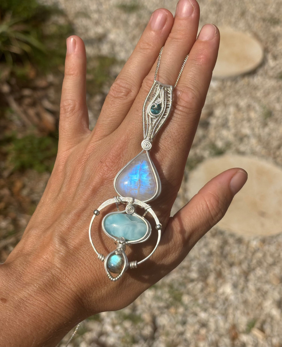 Moonstone, Tooaz, Larimar, Labradorite Crystal pendant in silver