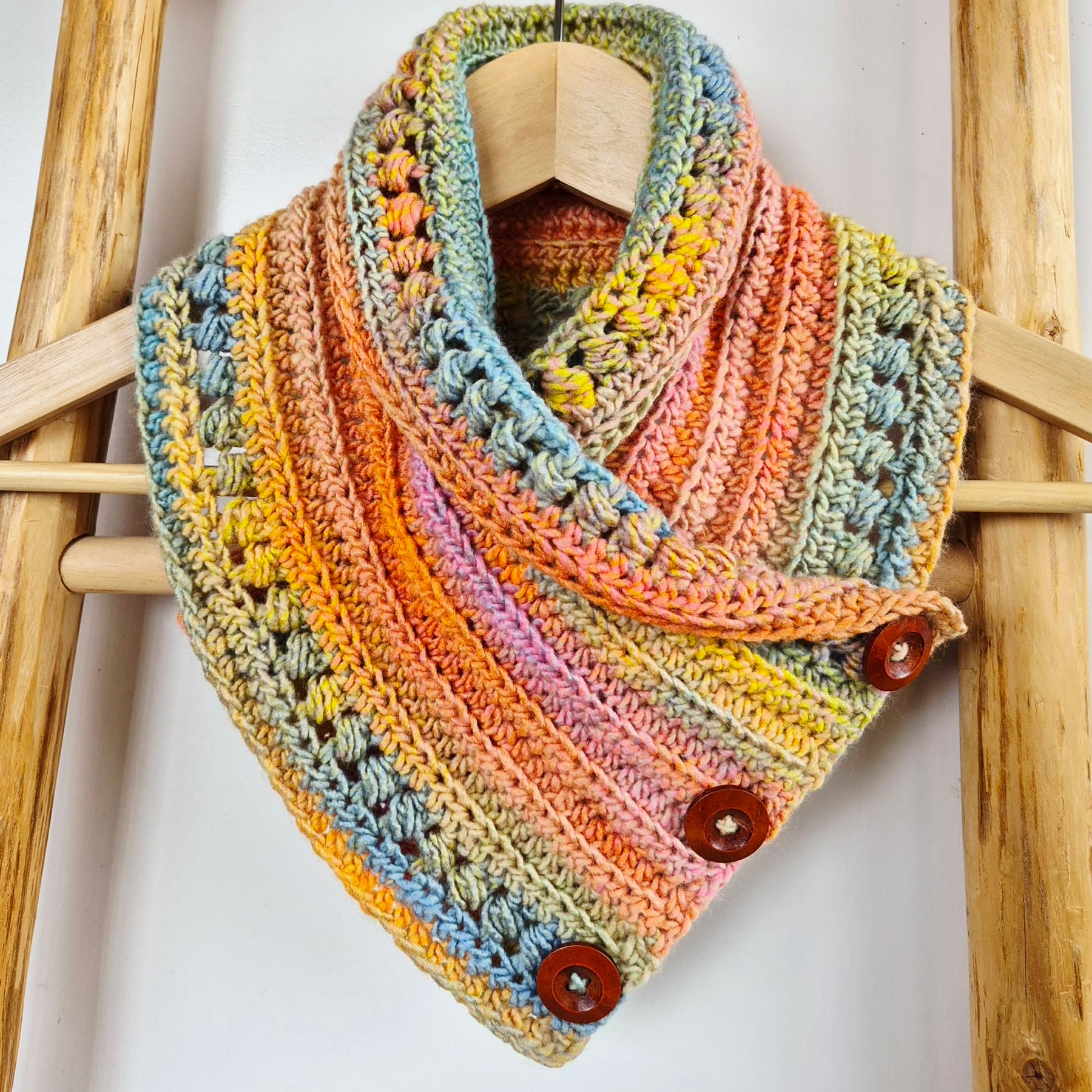Ladies Neck warmer | Cowl | Scarf | Multi Colour | Adult | Vintage | Crochet | Buttoned
