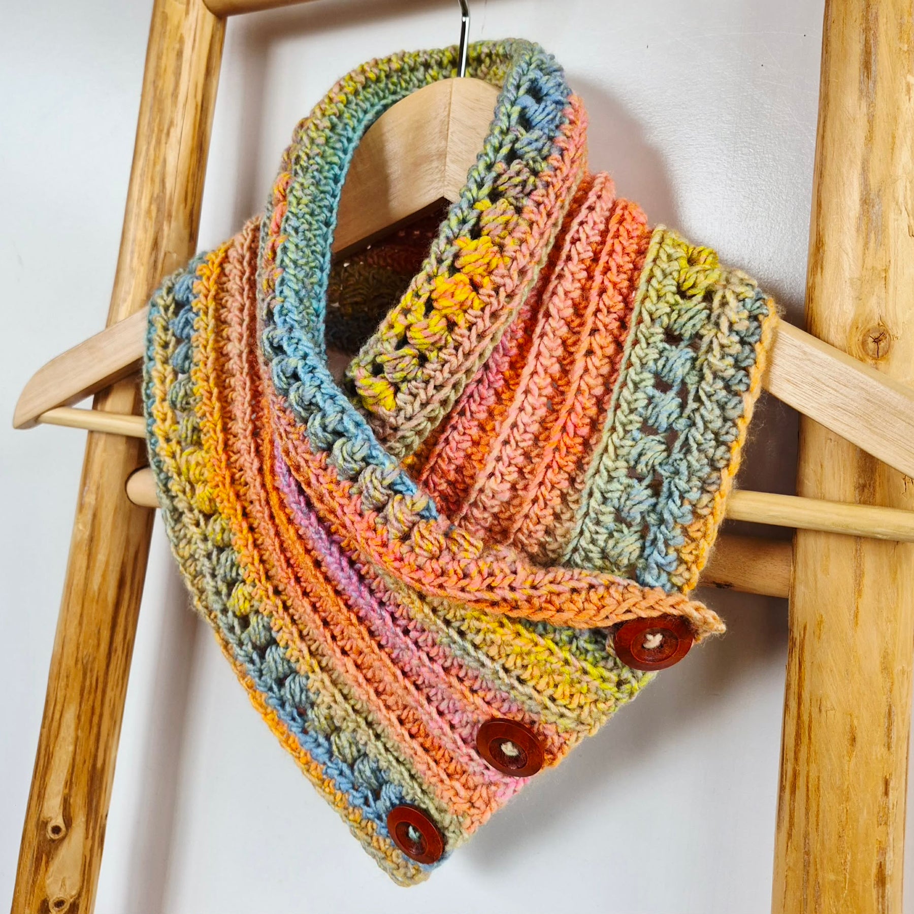 Ladies Neck warmer | Cowl | Scarf | Multi Colour | Adult | Vintage | Crochet | Buttoned