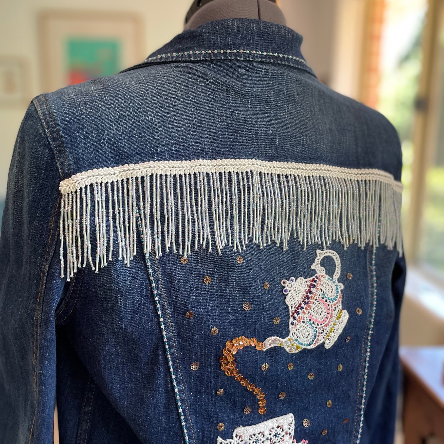 Upcycled Denim Jacket, Hand Beaded Teapot Embroidery