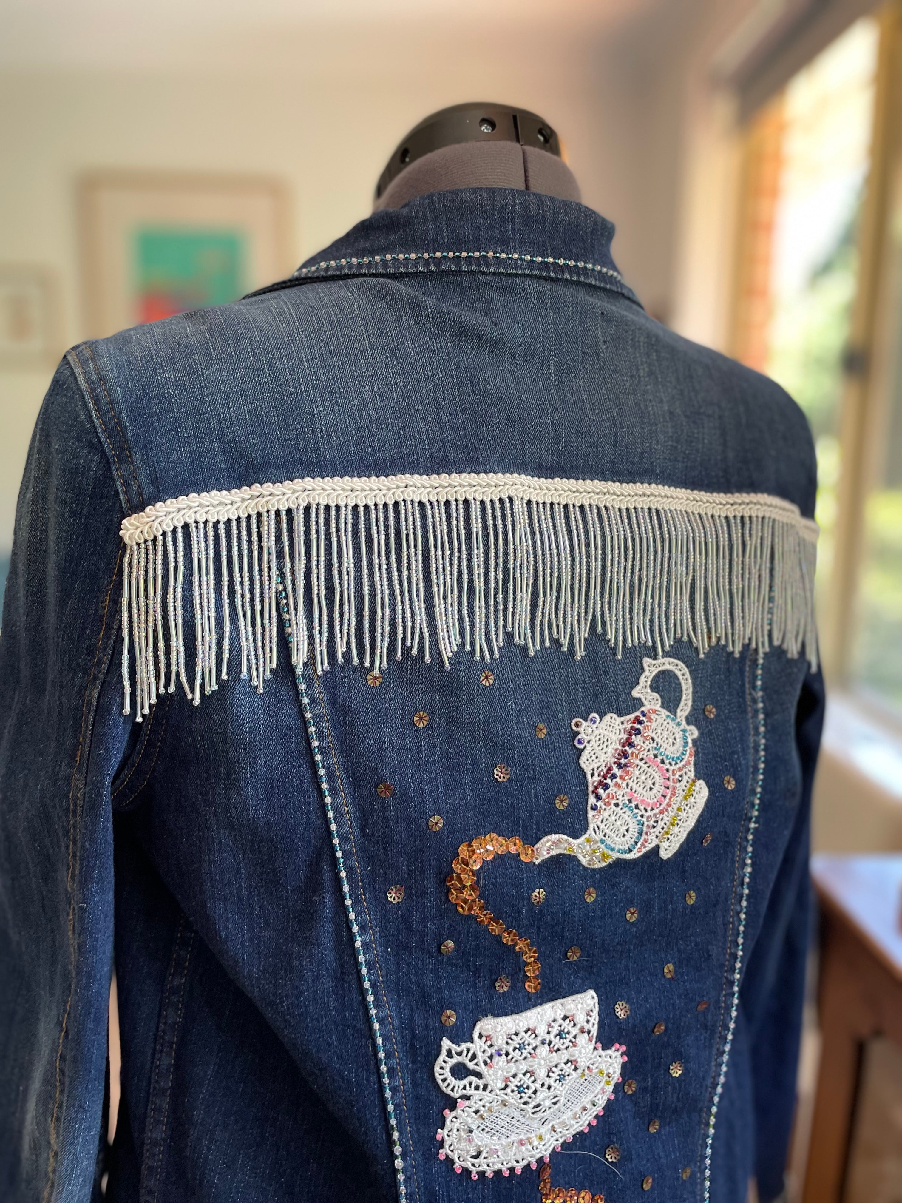 Upcycled Denim Jacket, Hand Beaded Teapot Embroidery