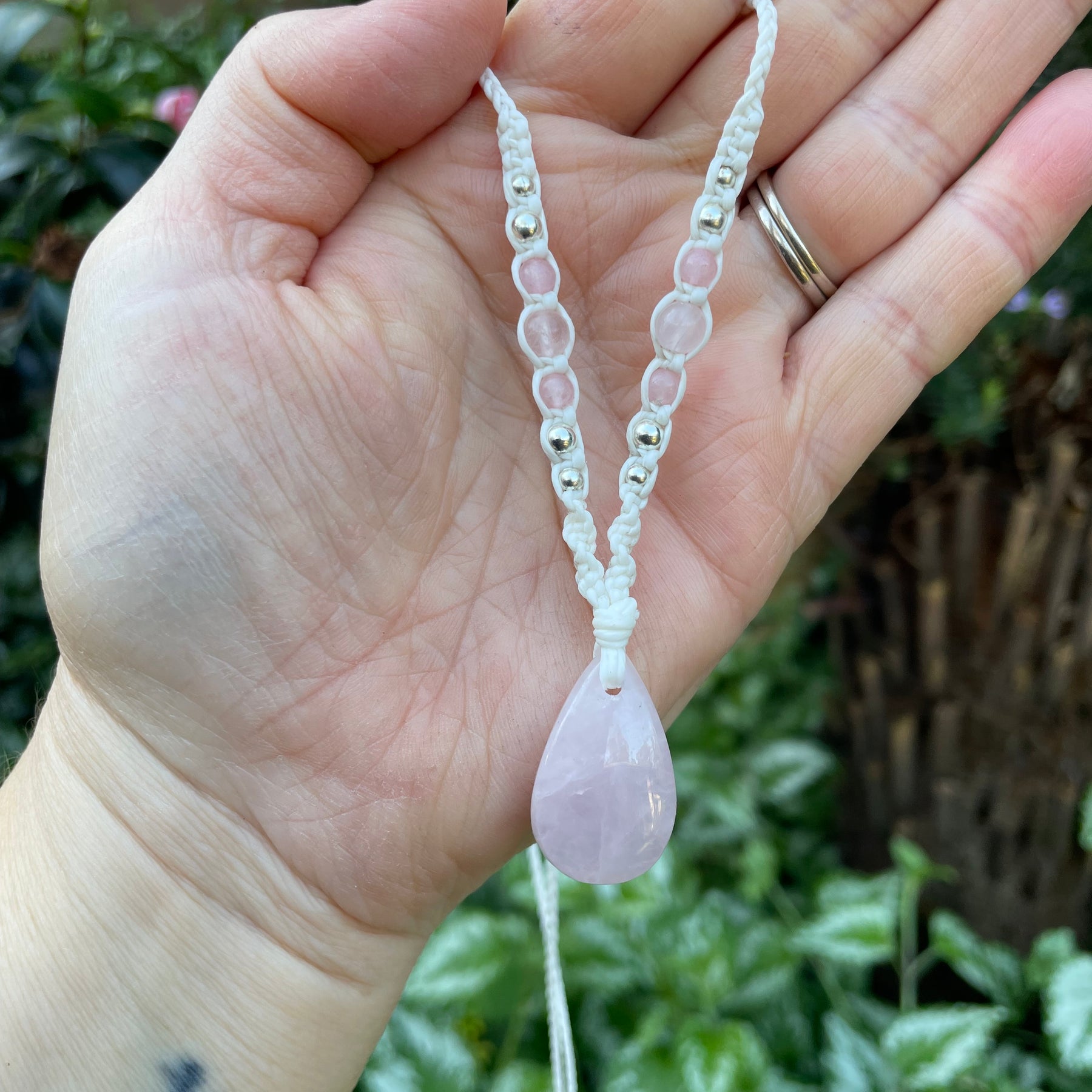 Rose Quartz Pendant, Tear drop, macrame Necklace, adjustable