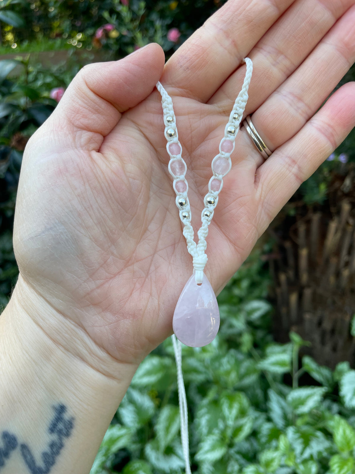 Rose Quartz Pendant, Tear drop, macrame Necklace, adjustable