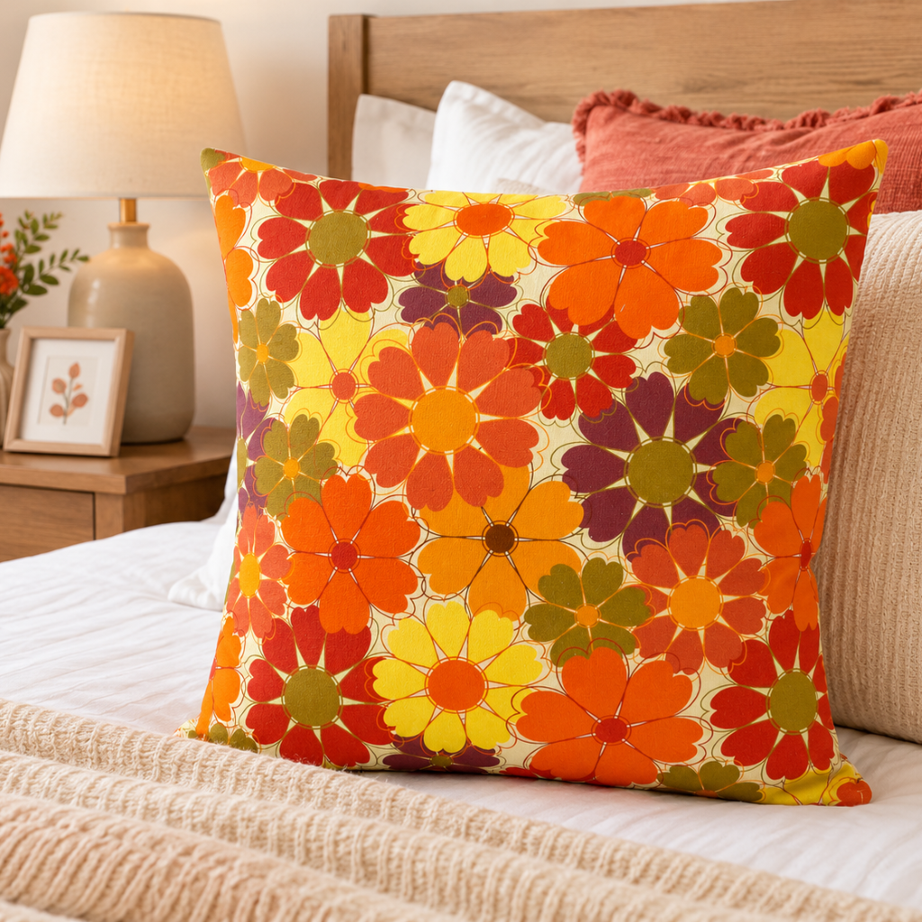 Retro Floral Cushion Covers – Mid-century 70s vibe-Orange
