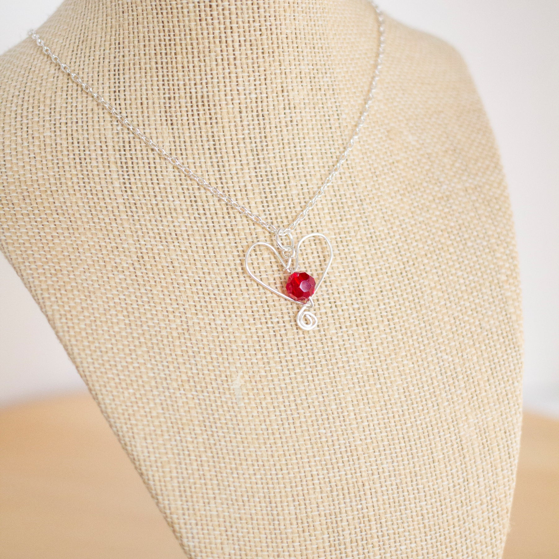 Silver Heart and Red Crystal Pendant Necklace and Earrings Set