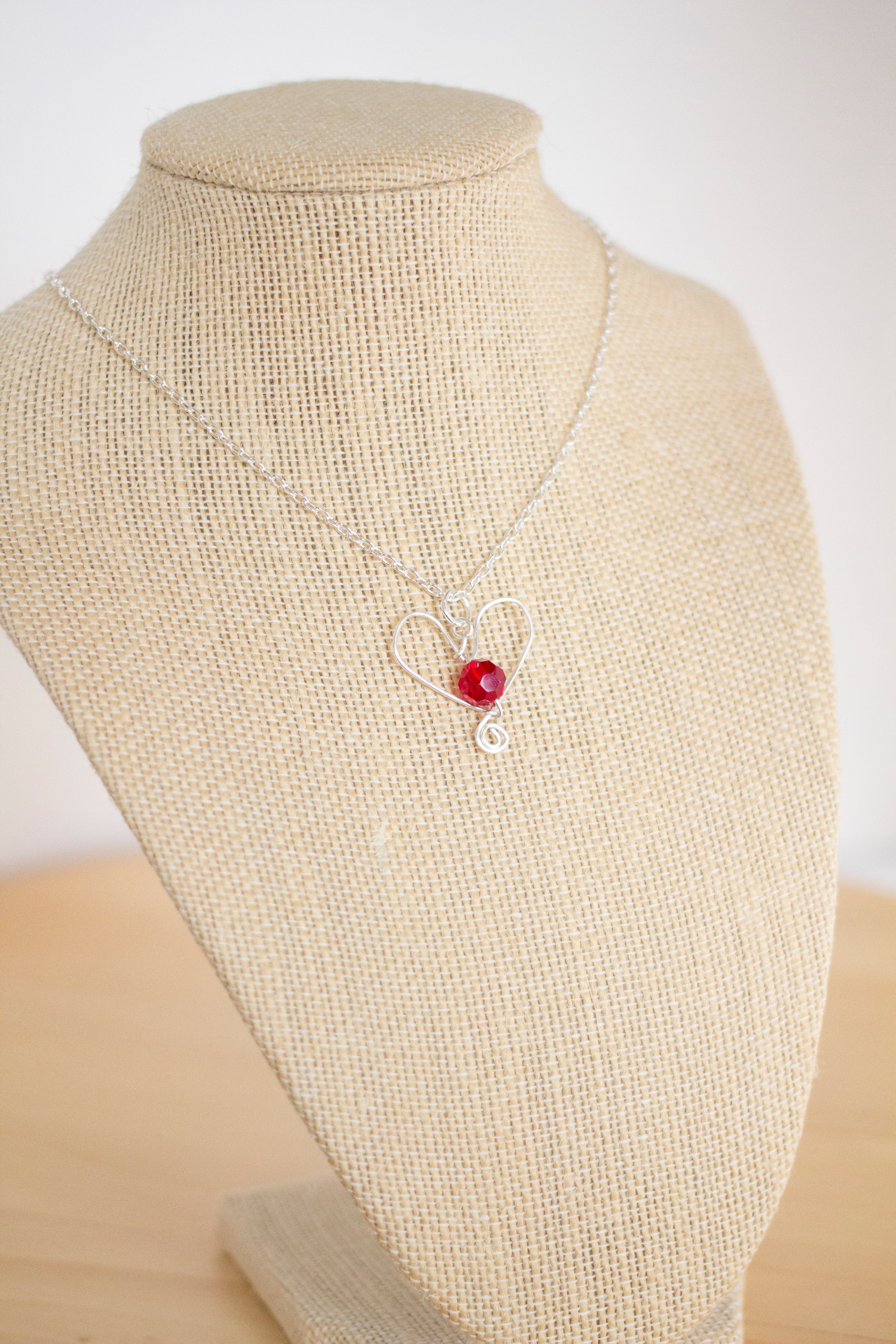 Silver Heart and Red Crystal Pendant Necklace and Earrings Set