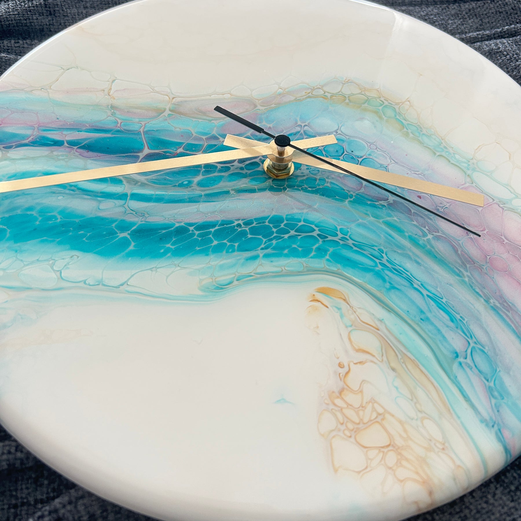 Timber Clock | 30cm Fluid Art/Resin | White-Teal-Gold