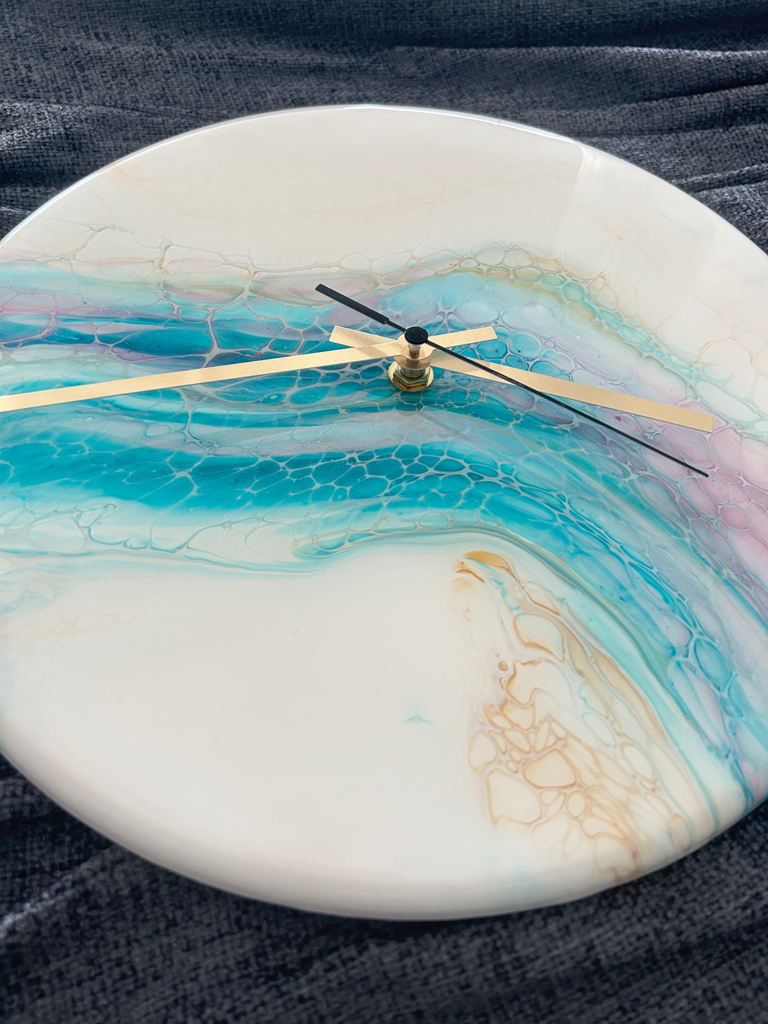 Timber Clock | 30cm Fluid Art/Resin | White-Teal-Gold