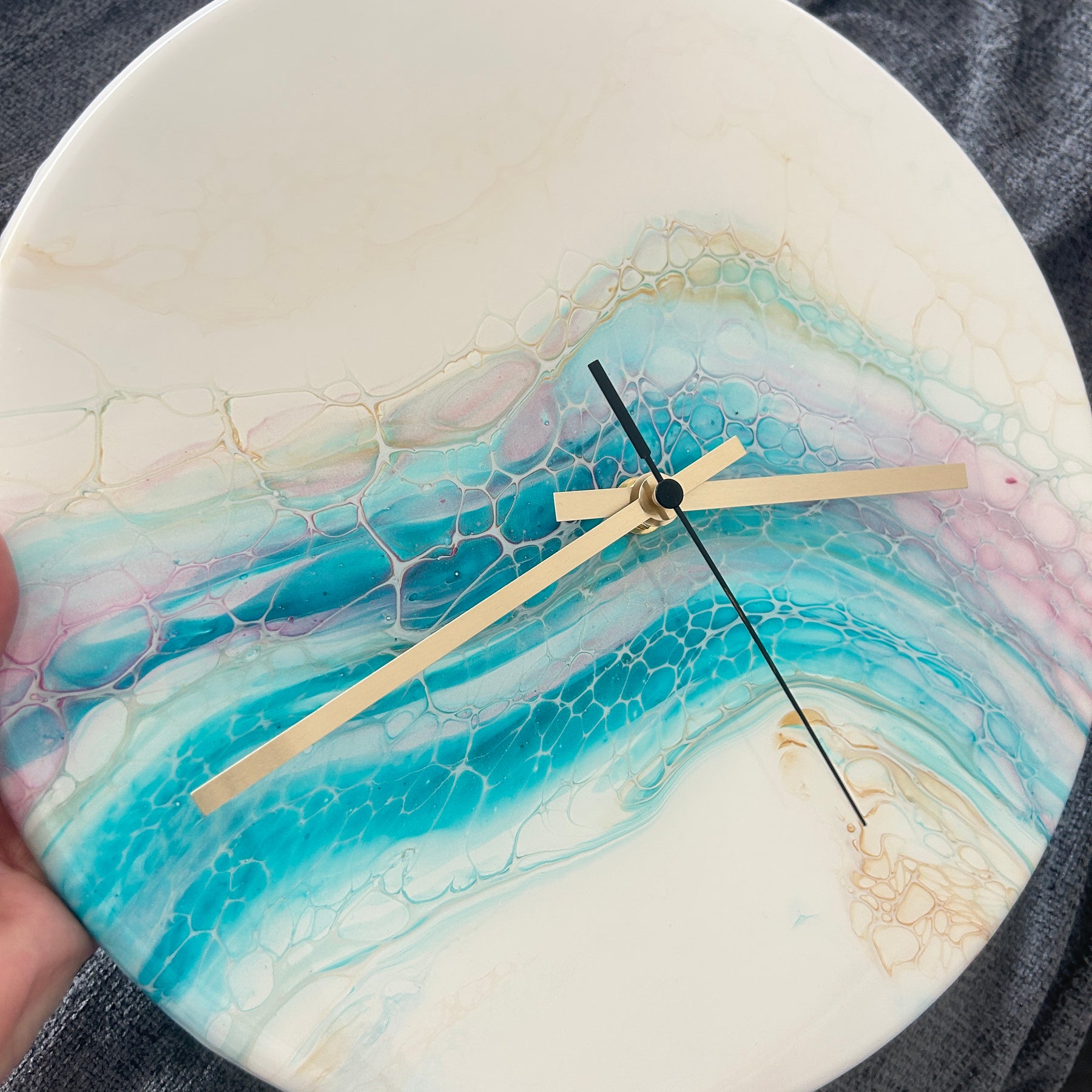 Timber Clock | 30cm Fluid Art/Resin | White-Teal-Gold