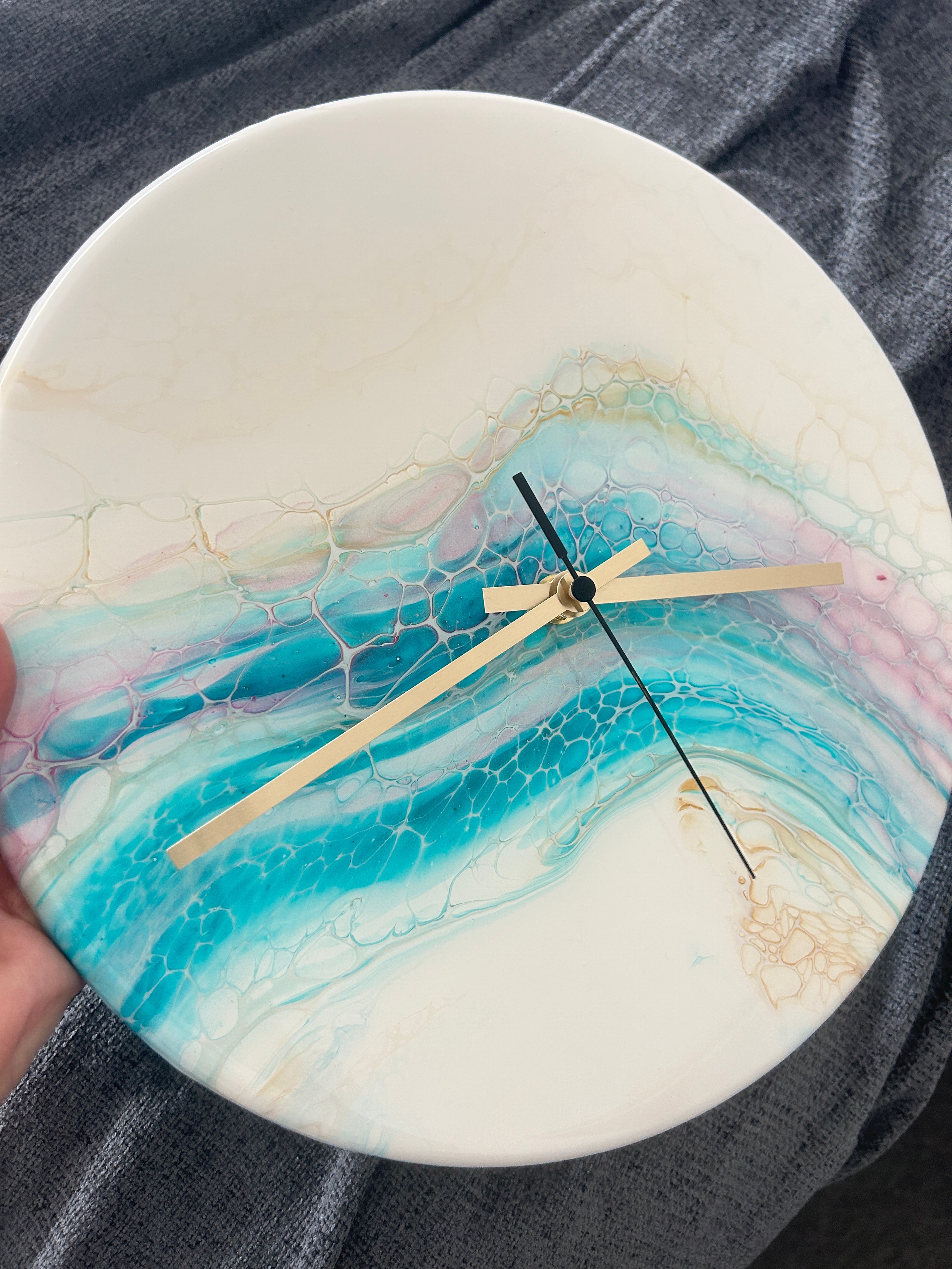 Timber Clock | 30cm Fluid Art/Resin | White-Teal-Gold