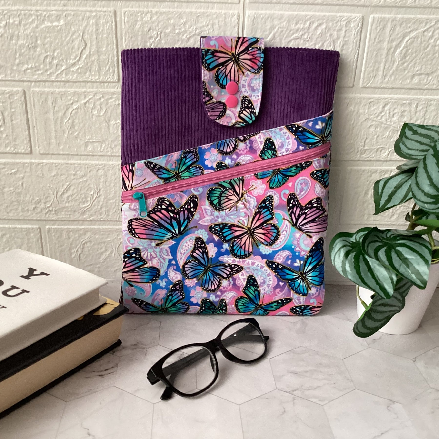 Butterflies fabric book sleeve with 2 pockets. iPad, tablet pouch