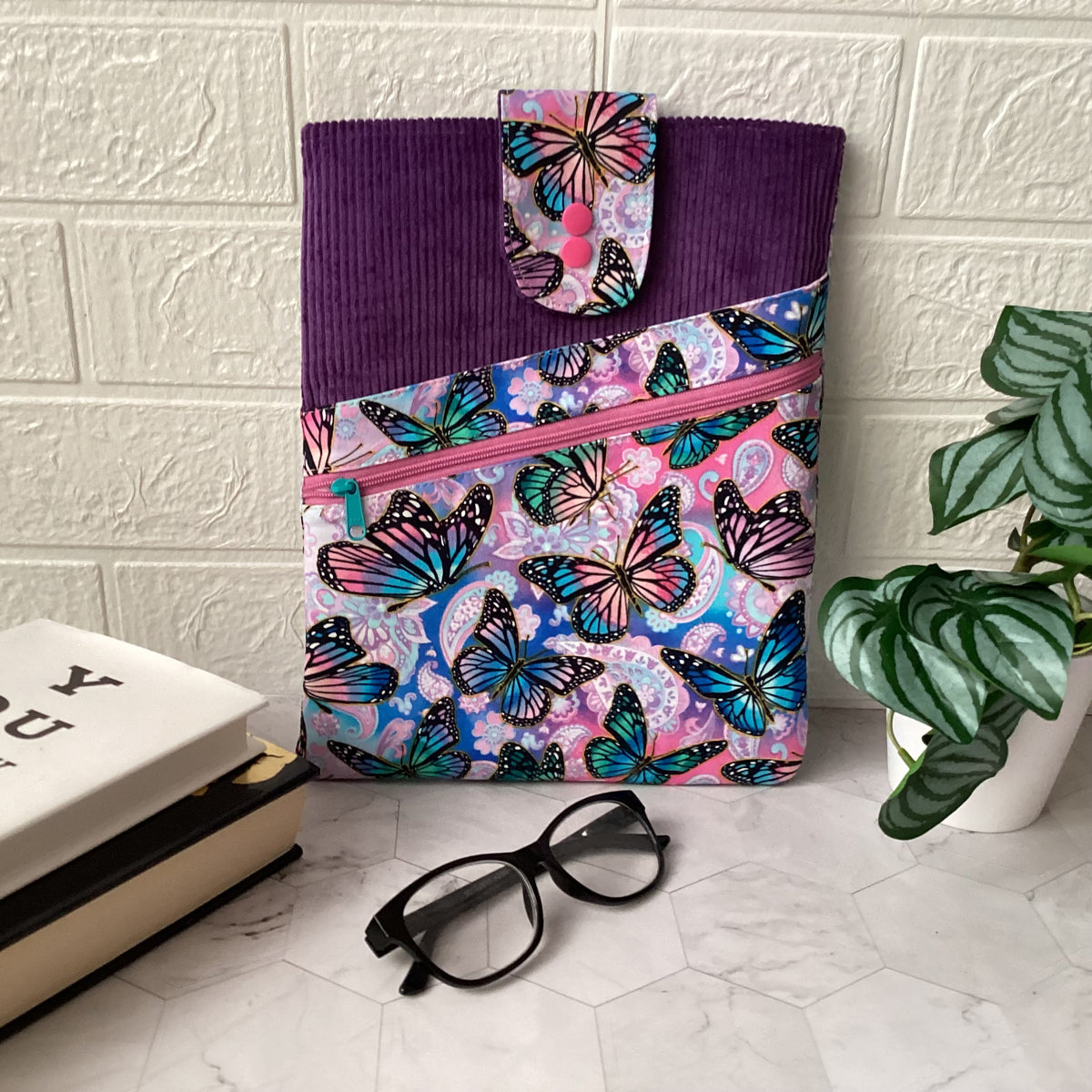 Butterflies fabric book sleeve with 2 pockets. iPad, tablet pouch