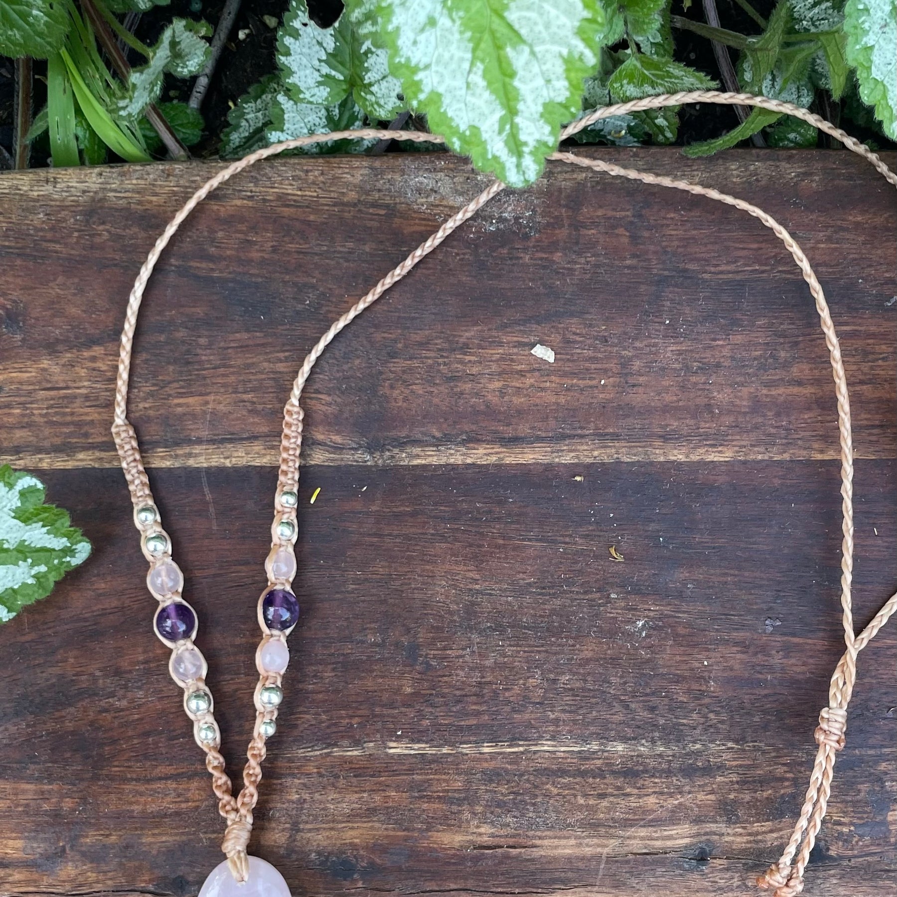 Rose Quartz Pendant, Oval, beaded necklace macrame adjustable