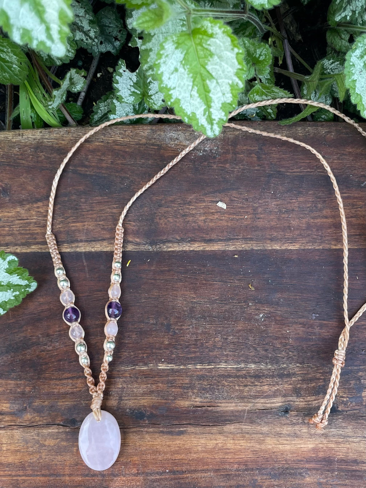 Rose Quartz Pendant, Oval, beaded necklace macrame adjustable