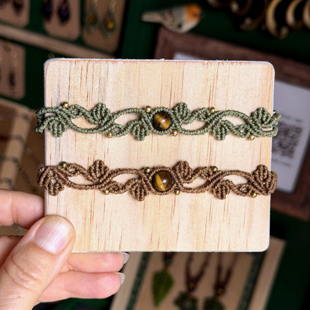 Macrame Leaf Bracelet with Focal Bead - earthy forest fae collection