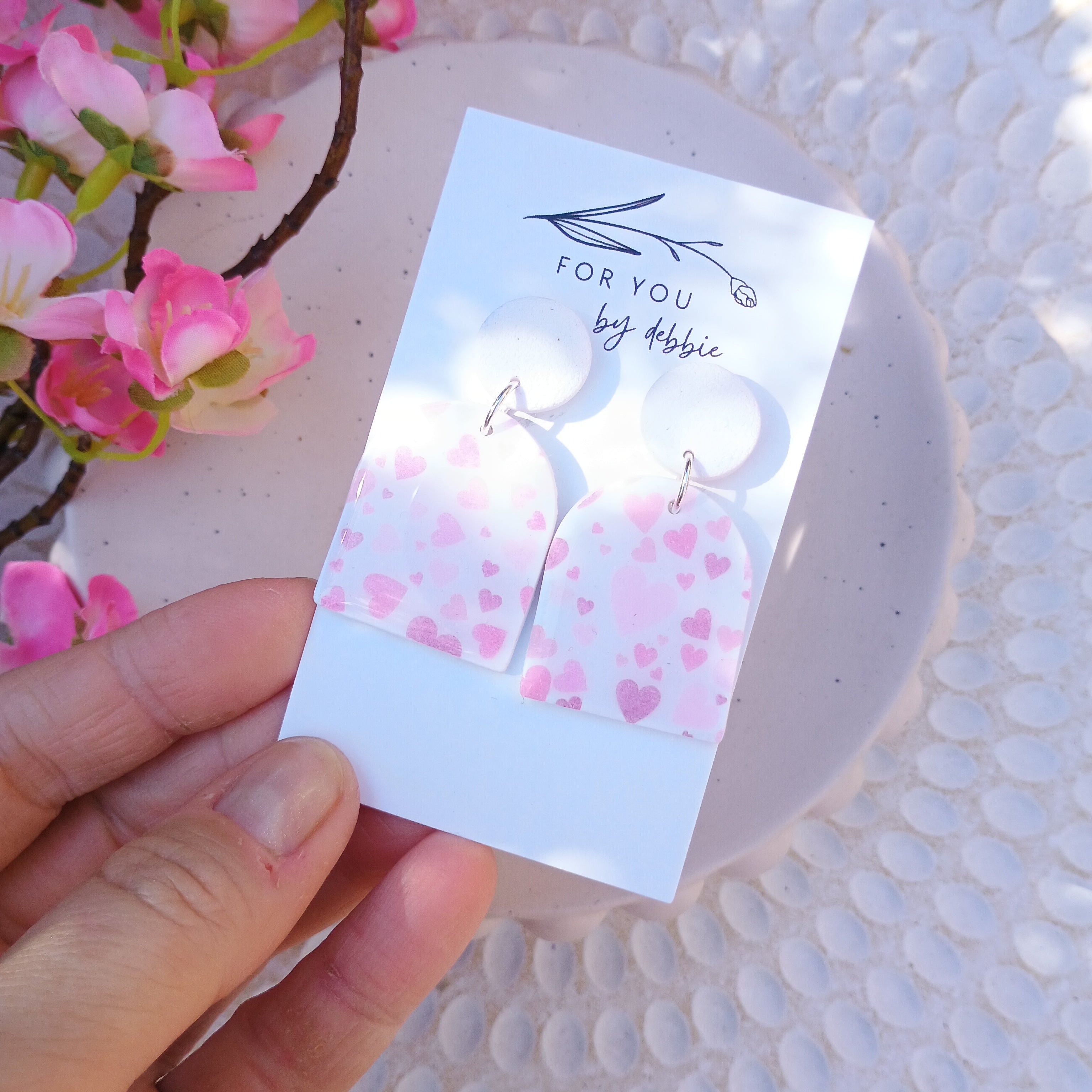White and pink hearts dangle earrings