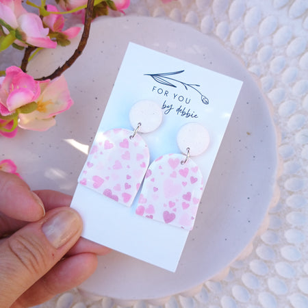 White and pink hearts dangle earrings