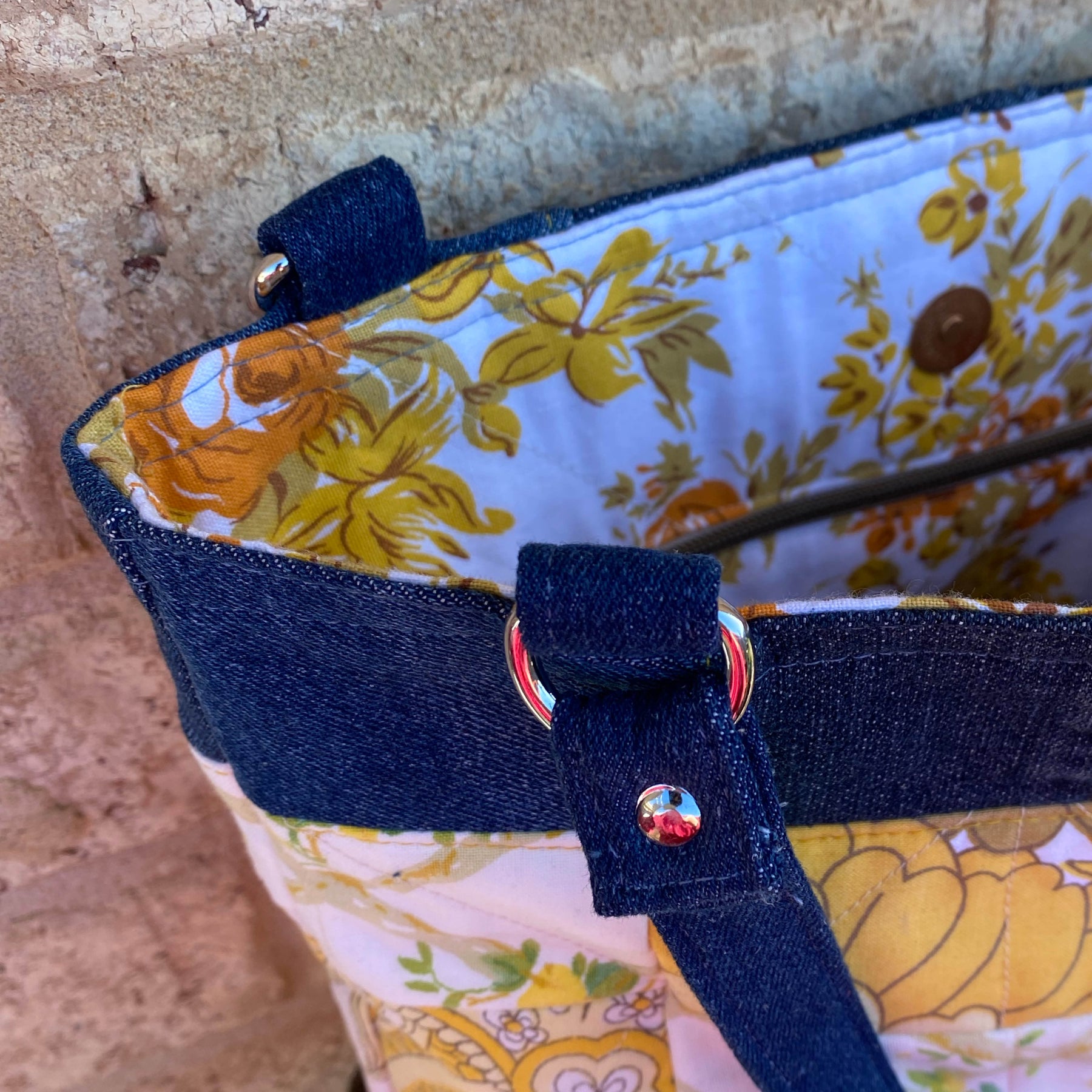 Quilted Sunshine Handmade Tote Bag Upcycled Vintage Fabrics & Denim