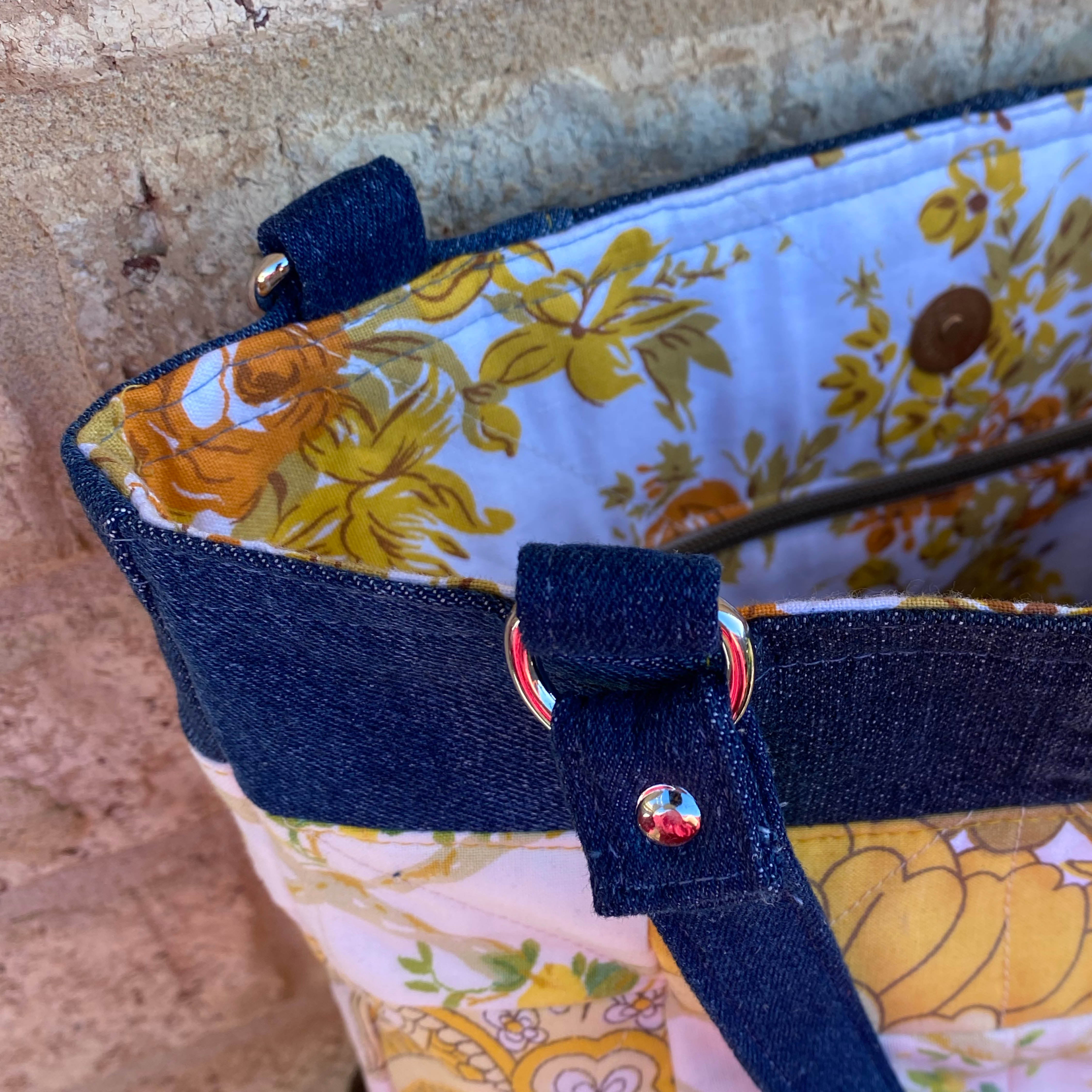 Quilted Sunshine Handmade Tote Bag Upcycled Vintage Fabrics & Denim