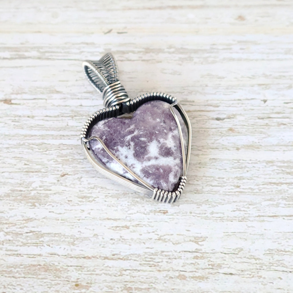 Sterling Silver Lepidolite and Quartz Heart Pendant ~ Invites You to Slow Down