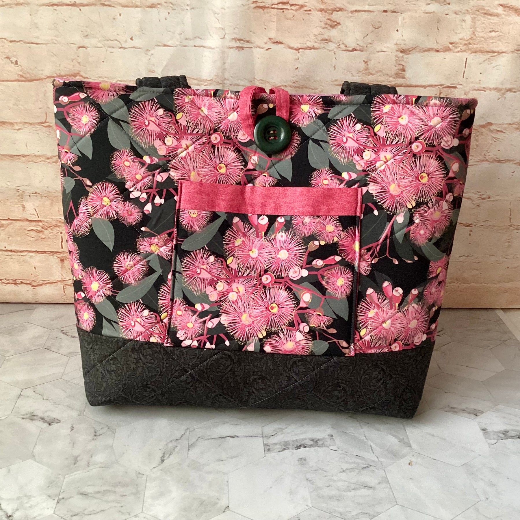 Flowering Gum blossom Floral Tote Bag: Handmade, quilted cotton shoulder bag with pockets