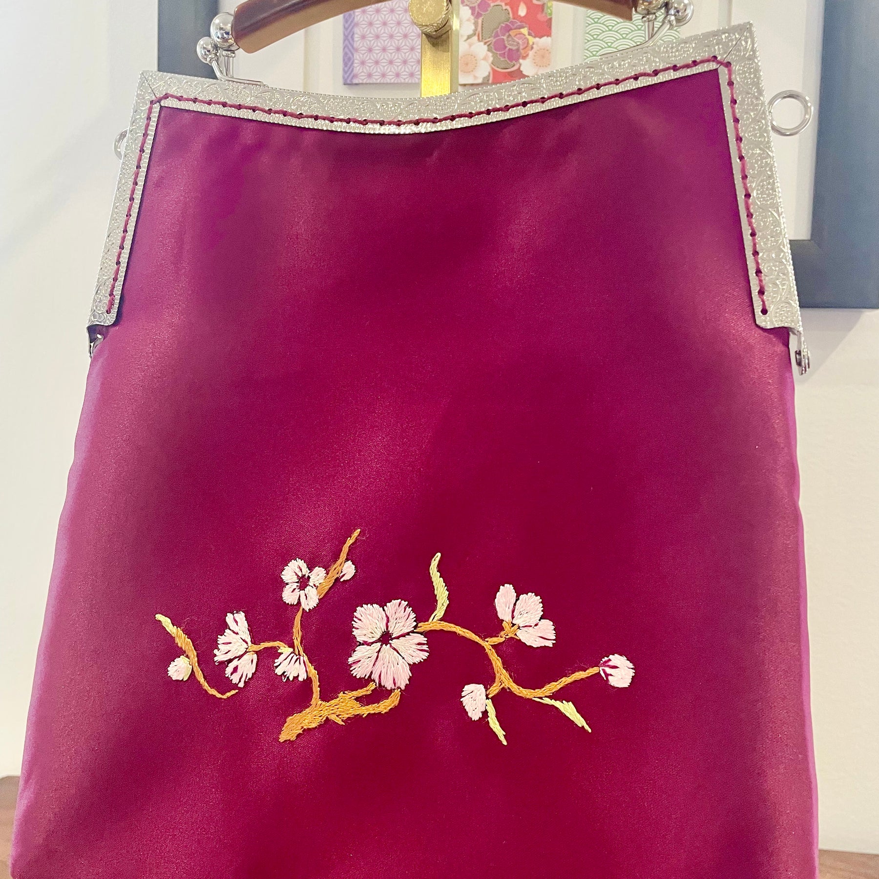 Handmade Plum Satin Handbag, Cherry Blossom Embroidery