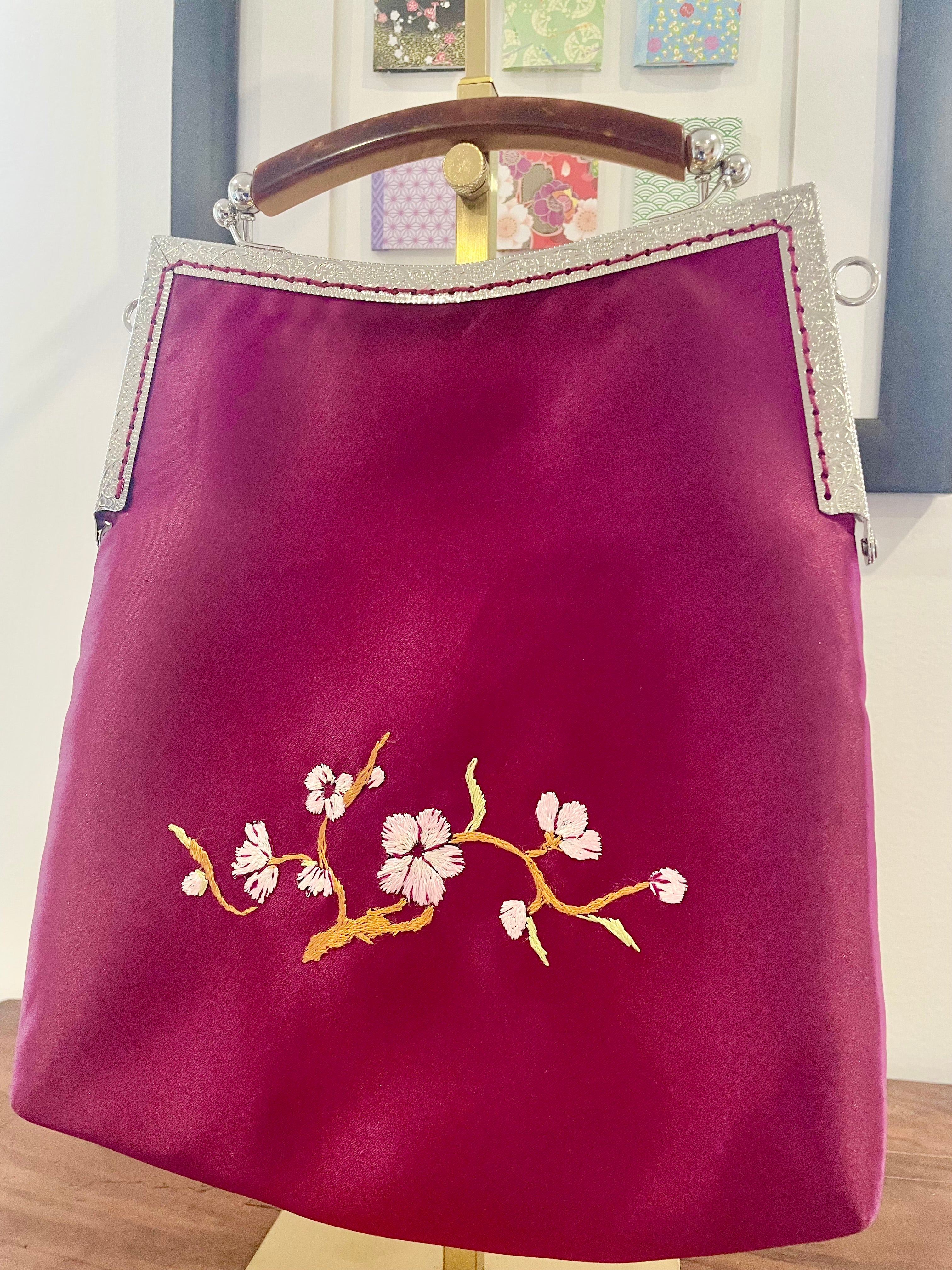 Handmade Plum Satin Handbag, Cherry Blossom Embroidery