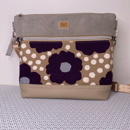 Lola Crossbody Bag - Purple Flowers & Beige Fabric with Beige Faux Leather Base