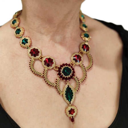 Bead-woven statement necklace with red/green crystal accents
