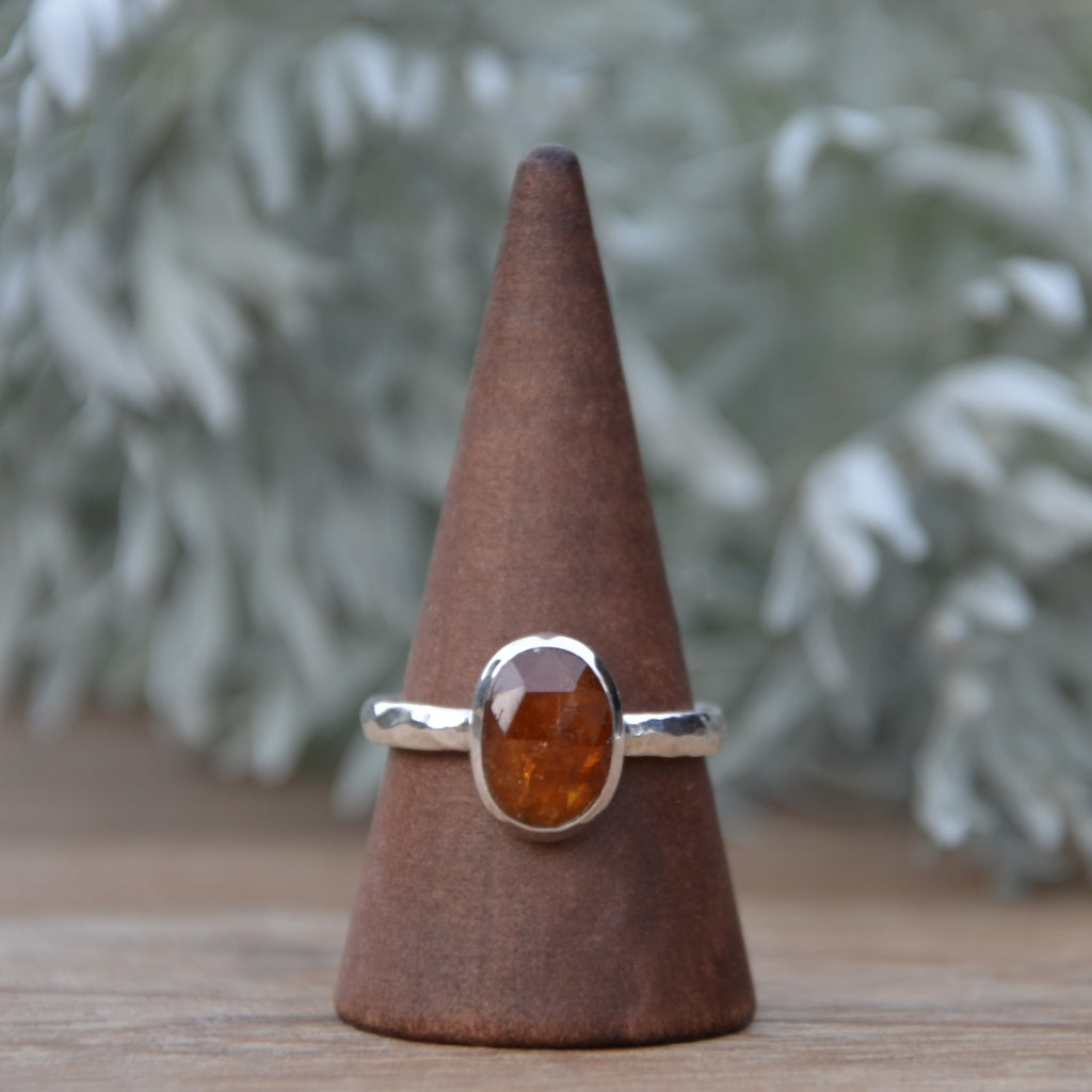 Orange Kyanite Hammered Silver Ring UK Size P