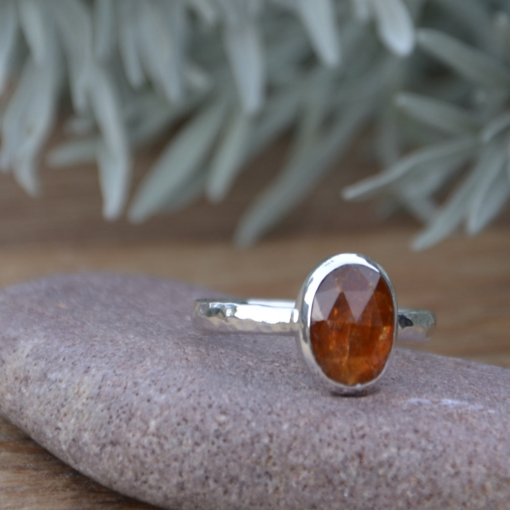 Orange Kyanite Hammered Silver Ring UK Size P